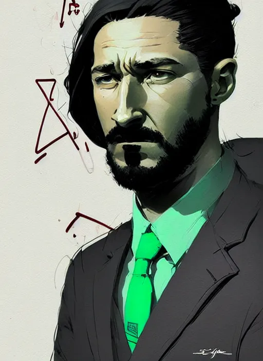 Image similar to highly detailed closeup portrait of very serious staring shia lebouf, in a suit by atey ghailan, by greg rutkowski, by greg tocchini, by james gilleard, by joe fenton, by kaethe butcher, gradient green, black and white color scheme, grunge aesthetic!!! ( ( graffiti tag wall background ) )