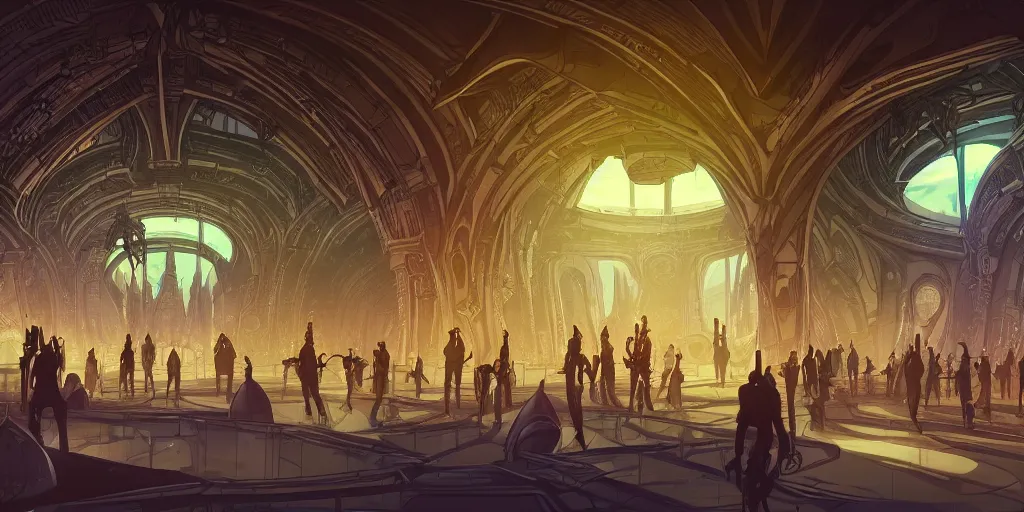 Prompt: cel shaded cinematic shot of the interior of a sci-fi space station with ornate Elven architecture bustling with people, epic castle, emerald, crystalline, detailed illustration, sharp focus, concept art