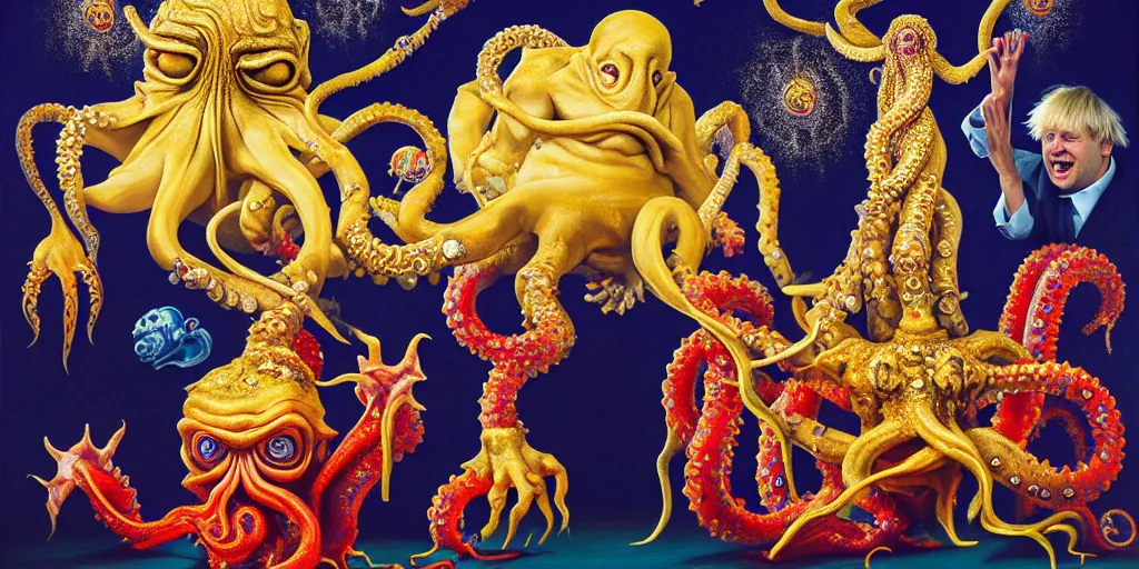 Prompt: rishi sunak and boris johnson and cthulhu in heaven, abstract oil painting by gottfried helnwein pablo amaringo raqib shaw zeiss lens sharp focus high contrast chiaroscuro gold complex intricate bejeweled