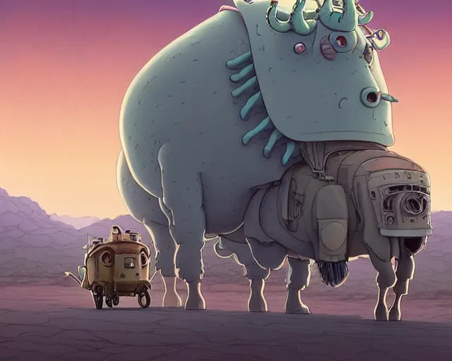 Prompt: a cell shaded cartoon grey lovecraftian mechanized bison from howl's moving castle ( 2 0 0 4 ), with a big head, on a desert road, wide shot, in front of a big moon, muted colors, post grunge, josan gonzales, wlop, by james jean, victor ngai, hq, deviantart, art by artgem