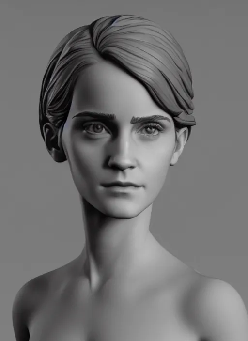 Image similar to 3D resin miniature sculpture of Emma Watson by Jean-Baptiste Carpeaux and Luo Li Rong, prefect symmetrical face, full body shot, academic art, realistic, 8K, Product Introduction Photo, Hyperrealism. Subsurface scattering, raytracing, Octane Render, Zbrush, simple background