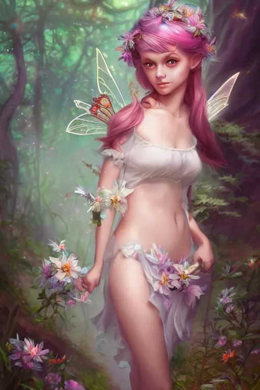 Image similar to a cute fairy in the dreamy forest, fantasy, 8 k resolution, hyper detailed, d & d, character design, digital painting, trending on artstation, sharp focus, illustration, art by artgerm, steve zheng, fuji choko, viktoria gavrilenko, hoang lap