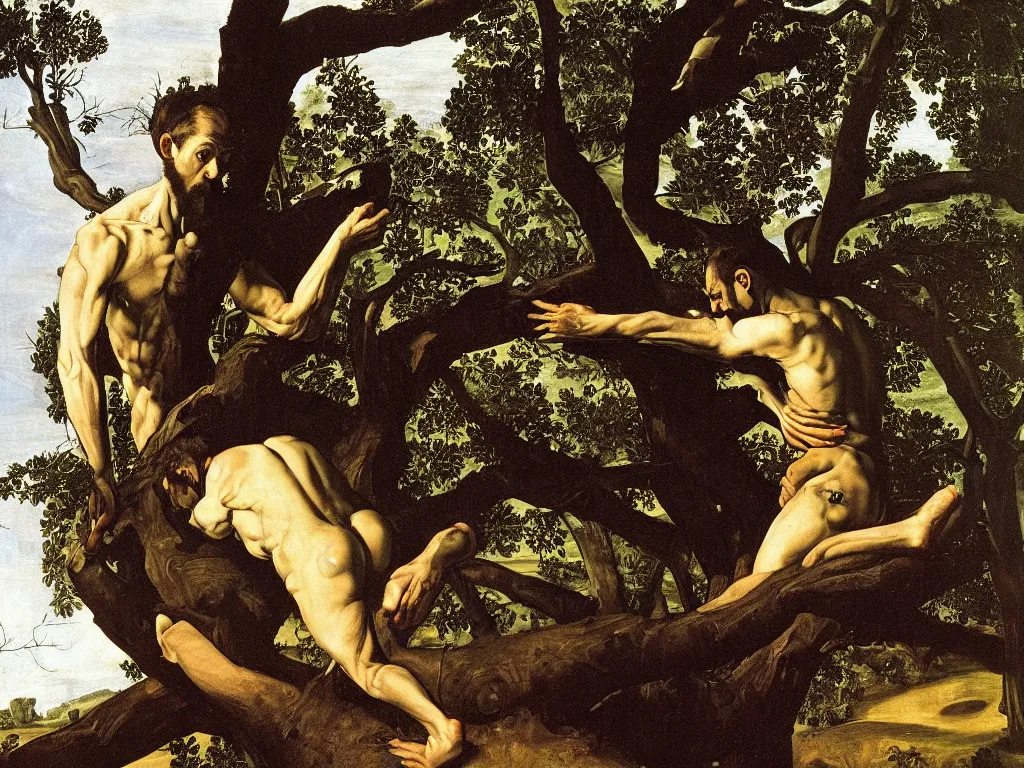 Prompt: Strange man kneeling , embracing an old tree. Painting by Caravaggio