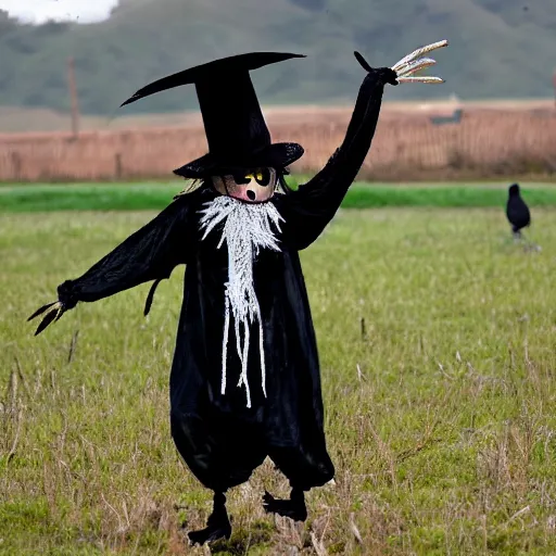 Prompt: a scarecrow doing a catwalk, famous, show, flashing lights, crows