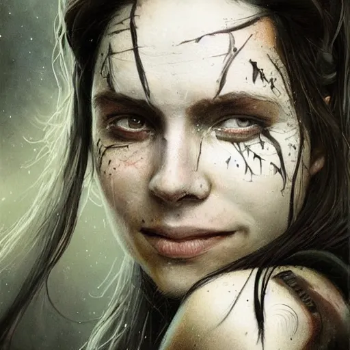 Image similar to portrait of an woman by Greg Rutkowski, she is about 20 years old, pretty, long brown wavy hair, tribal tattoos on her face, scar near her mouth that makes her look like she's smiling all the time, wearing black sith robes, Star Wars Expanded Universe, highly detailed portrait, digital painting, artstation, concept art, smooth, sharp foccus ilustration, Artstation HQ