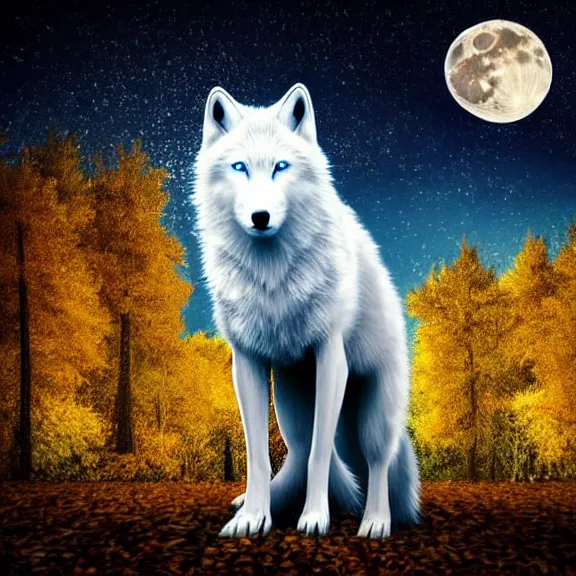 Image similar to white wolf with blue eyes stands in a dark night dormant autumn forest with magic moon in sky, no yellow color in eyes, no yellow color, realistic