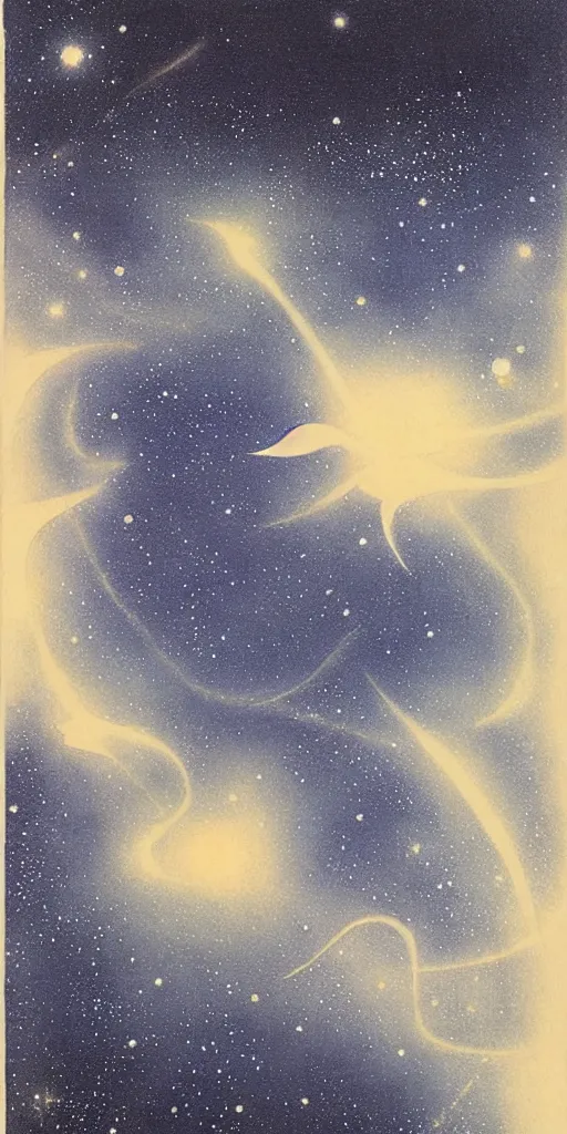 Image similar to painting of the night sky by kitano tsunetomi, nebula, 1 9 3 9, monochromatic