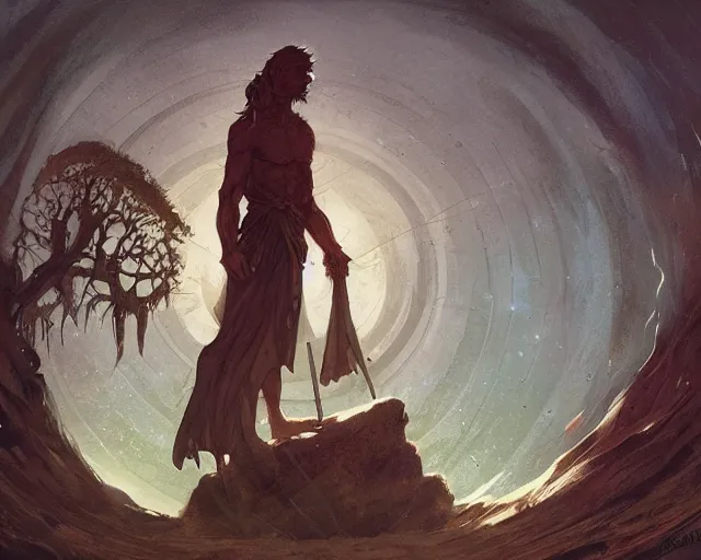 Image similar to a druid standing in a circle at the beginning of the world by greg rutkowski and frank frazetta and peter mohrbacher and william blake and dan mumford