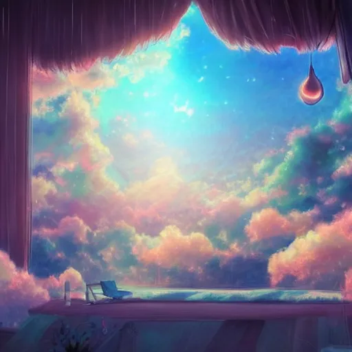 Image similar to a heavenly dream view from the interior of my cozy dream world filled with color from a Makoto Shinkai oil on canvas inspired pixiv dreamy scenery art majestic fantasy scenery fantasy pixiv scenery art inspired by magical fantasy exterior