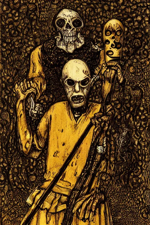 Prompt: portrait of heretic inquisitor holding a golden staff, ghosts in the background, style by masahiro ito