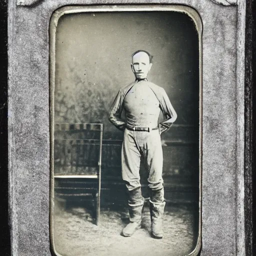 Prompt: gray alien standing in front of saloon, tintype photograph