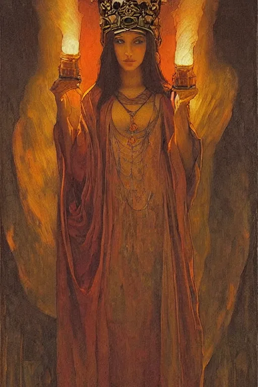Image similar to queen of the old city with her lantern, by Annie Swynnerton and Nicholas Roerich and jean delville, dramatic cinematic lighting , ornate headdress , flowing robes, lost civilizations, extremely detailed