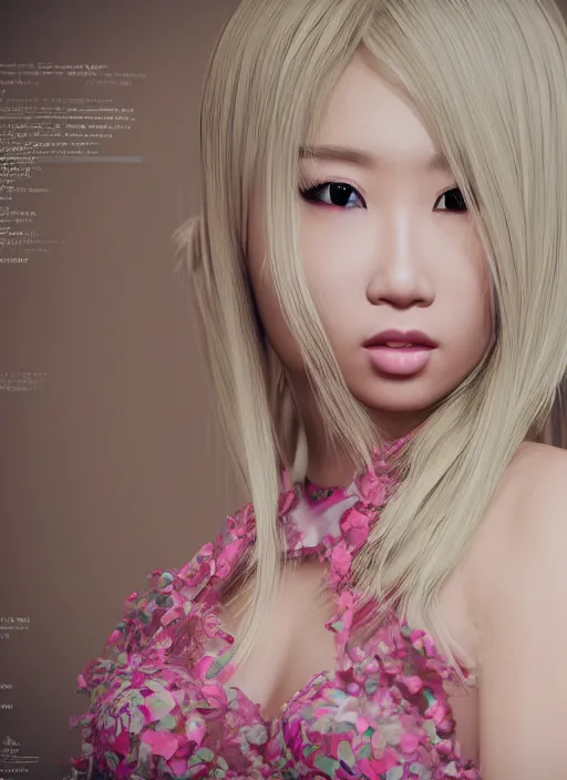 Image similar to portrait of an asian girl with blonde hair, in a fancy mansion, young cute beautiful face, wearing an expensive dress, detailed, 8 k, epic, charming, character, octane rendering, hyper - realistic