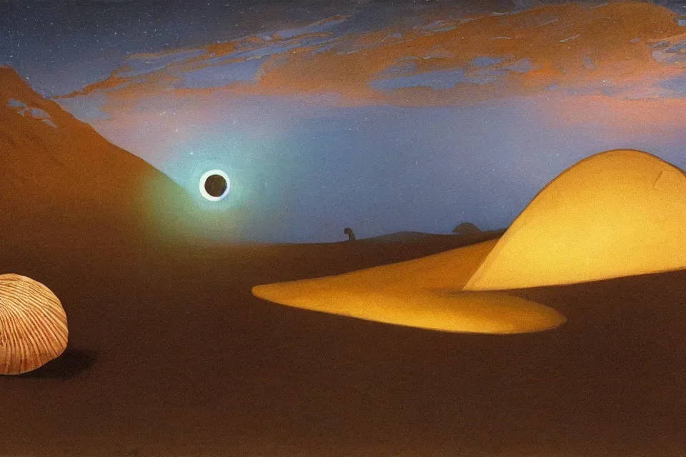 Image similar to a beautiful painting of a giant seashell in middle of the desert at night, painted by john harris and moebius