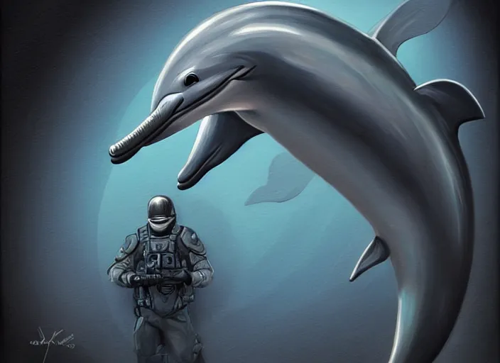 Image similar to symmetrical - photo!! low - angle!! painting of a dolphin in full swat gear, full frame photograph, zeiss lens, intricate, elegant, highly detailed, centered, digital painting, artstation, concept art, smooth, sharp focus, illustration, artgerm