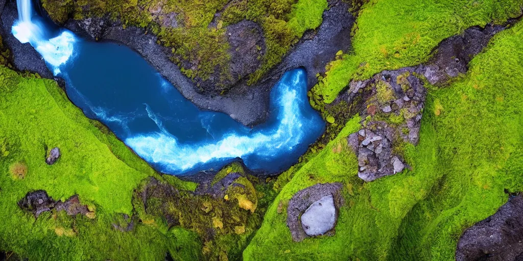 Image similar to drone shot photo of a landscape with mountains, waterfalls, wallpaper, very very wide shot, blue glacier, iceland, new zeeland, green flush moss, national geographic, award landscape photography, professional landscape photography, sunny, day time, beautiful