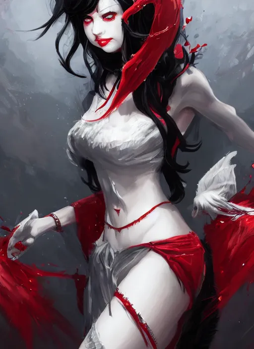 Prompt: a highly detailed illustration of beautiful long hime cut black hair white woman wearing a red battle dress, red eyes, dramatic smile pose, intricate, elegant, highly detailed, centered, digital painting, artstation, concept art, smooth, sharp focus, league of legends concept art, WLOP