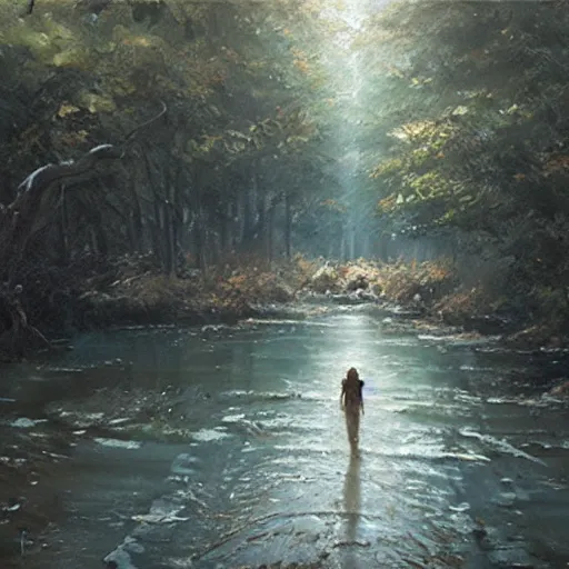 Image similar to ent goingon a walk through a river, oil painting, by greg rutkowski