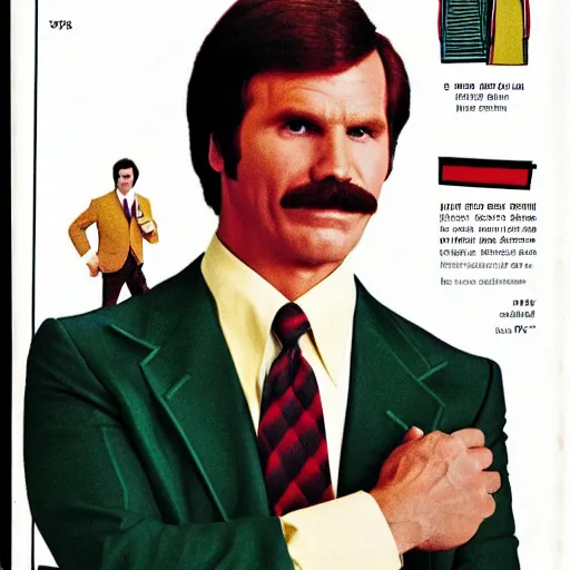 Prompt: shot from a 1 9 7 4 sears catalog of ron burgundy modeling mens clothing, high detail, photorealistic,