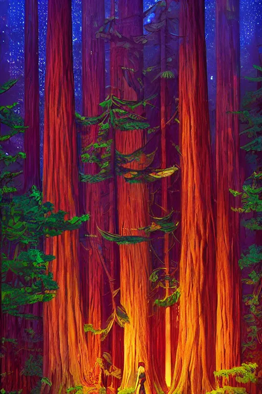 Image similar to redwood trees during nighttime, under the full moon. radiating colorful energy. photorealistic, magical atmosphere,, holographic undertones, intricate and detailed, highly saturated colors, by kan liu, breath of the wild, studio ghibli. trending on artstation. award winning, daily deivation