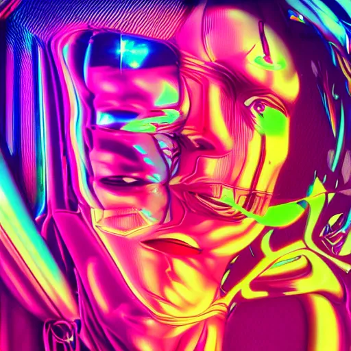 Image similar to chromatic 3d ultra realistic cyborg woman in psychedellic mirror environment digital art in synthwave style