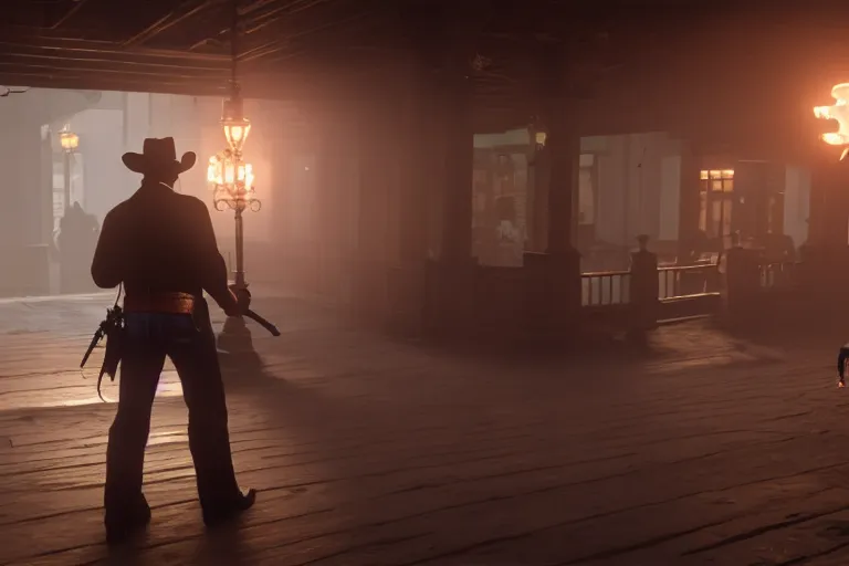 Image similar to photo from behind of a cowboy, carrying a gun, on a victorian shopping mall, cinematic lightning, ray tracing, unreal engine 5, photorealistic, 8 k, uhd, 4 k, red dead redemption 2 game concept, extremely detailed, beautiful, elegant, intricate, foggy, in - game footage