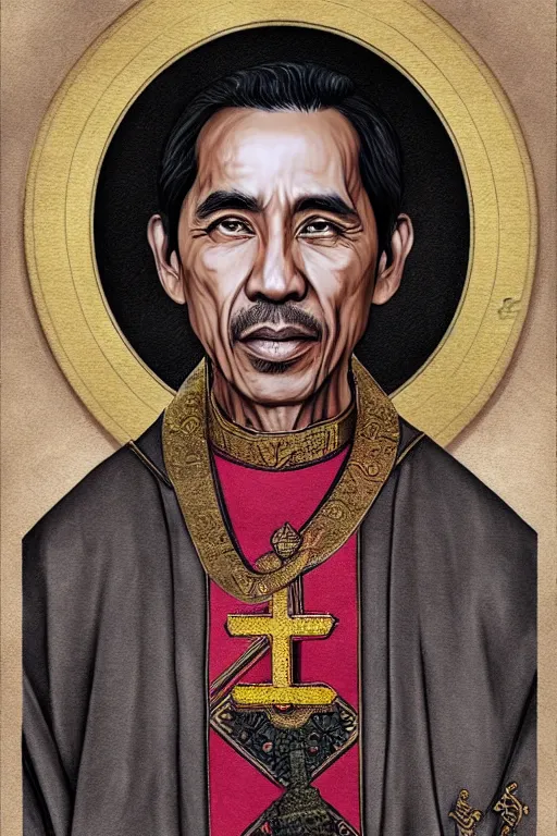 Image similar to saint jokowi, realistic, sketch and art by jacqueline e, color by bo feng lin