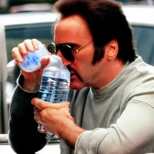 Image similar to Tarantino drinks a bottle of water filled with Nicolas Cage.