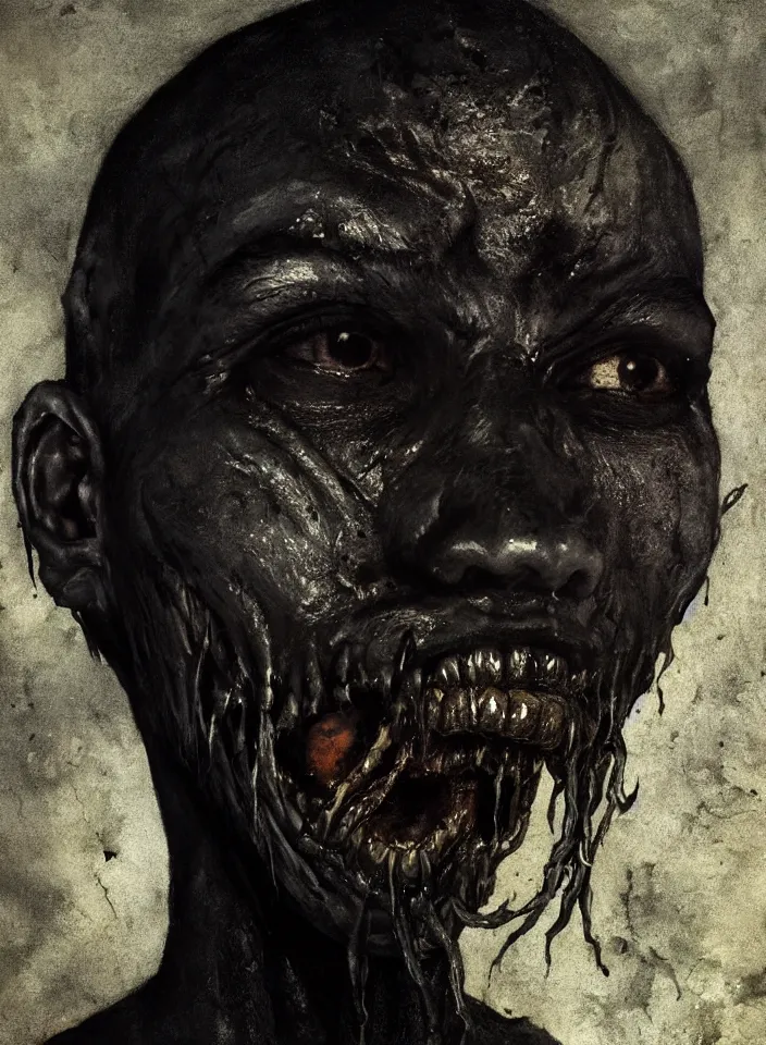 Image similar to a closeup portrait of a monster with black skin that invokes fear, d & d, fantasy setting, horror environment, morbid colors, dark lighting, atmospheric, cinematic, moody, in the style of diego koi, gina heyer, luiz escanuela, art by alyssa monk, depth, hyperrealism, rule of thirds, golden ratio, oil on canvas, 8 k