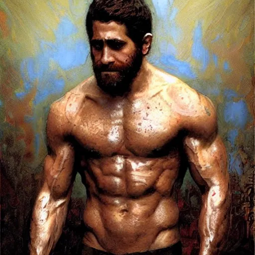 Image similar to Jake Gyllenhaal with a shredded body type, painting by Gaston Bussiere, Craig Mullins