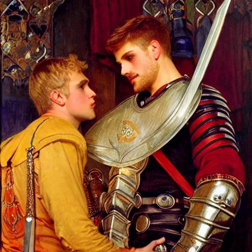 Image similar to attractive fully clothed arthur pendragon confesses his love for his attractive fully clothed male knight. highly detailed painting by gaston bussiere and j. c. leyendecker 8 k