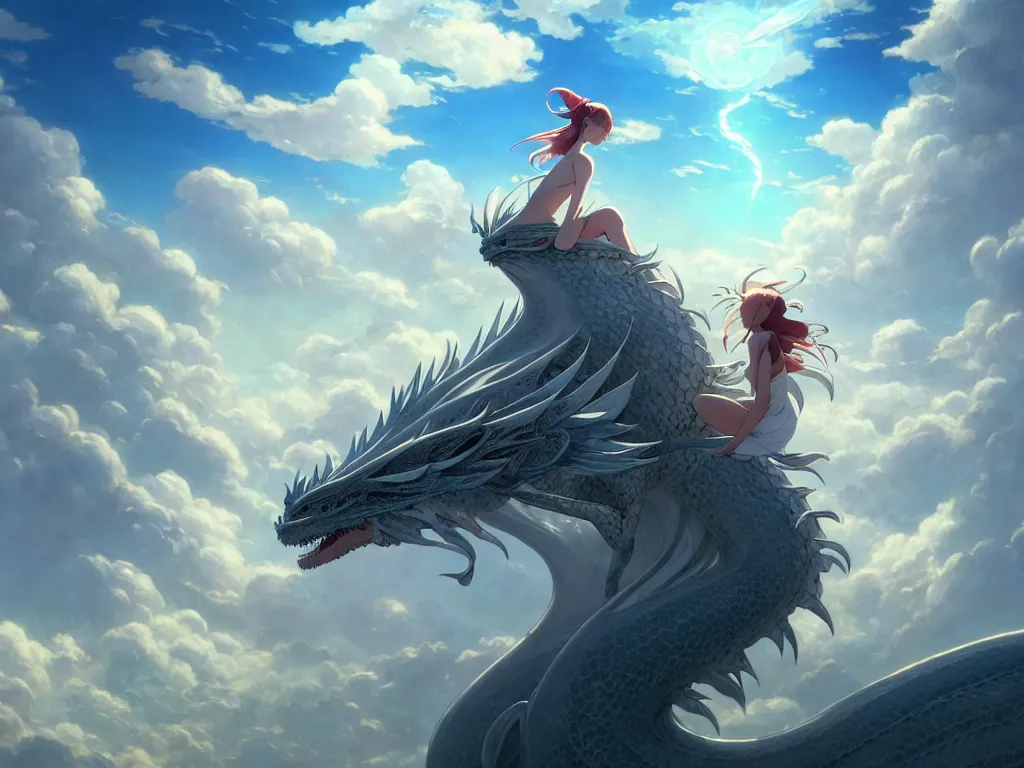 Image similar to a vast scene, panorama distant view, hyper detailed scene render of a beautiful girl sit on a huge silver dragon back, in the white clouds fairyland, finely detailed angelic face, style of makoto shinkai, xision, james jean and peter mohrbacher, studio ghibli, artgerm, karol bak, beeple, 4 k hd, animation style