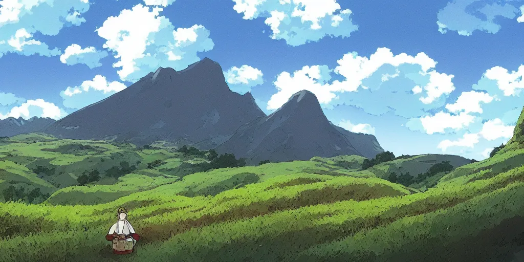 Prompt: a peaceful mountain overlooking a field, studio ghibli, HD