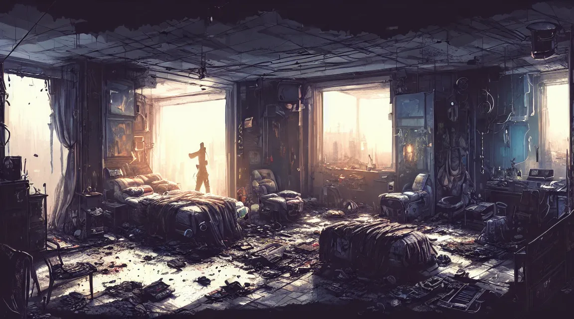 Prompt: post apocalyptic bedroom interior, apartment interior, human silhouettes, furniture, interior decoration, by pascal blanche, neil blevins, trending on artstation, photorealistic, hyper detailed, hyper realistic, cyberpunk