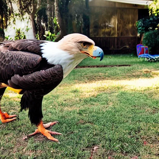 Image similar to An award winning snapshot of a beautiful eagle pitbull hybrid, playing with the children in the back yard.