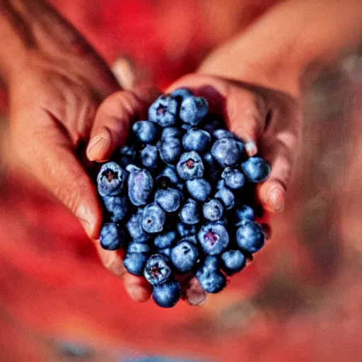 Image similar to fistful of blueberries, impressionistic, wide shot, colorful, dramatic