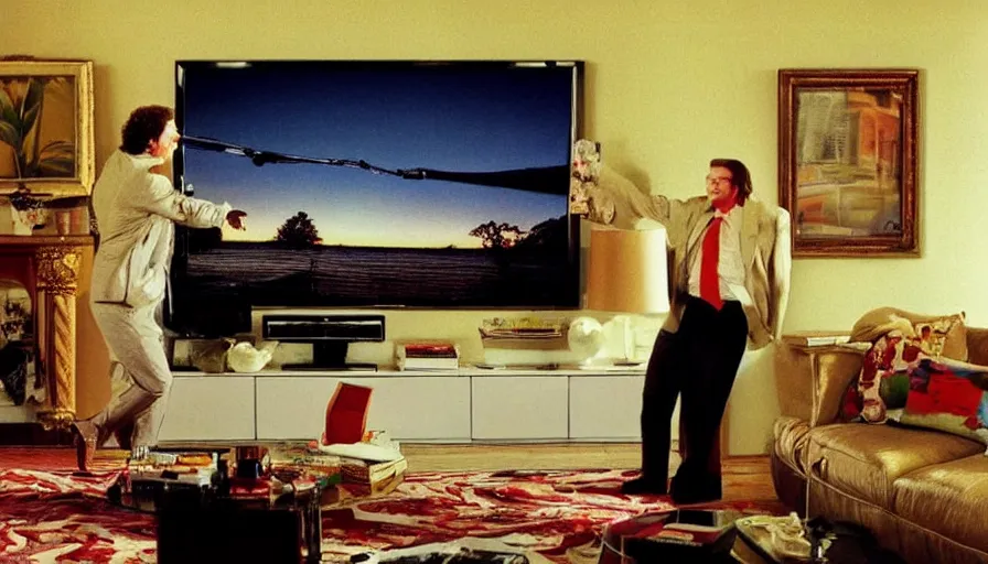 Image similar to 1990s candid 35mm photo of a beautiful day in the living room, cinematic lighting, cinematic look, golden hour, a very large, oversized magical salesman is hanging out of the TV and trying to sell the family a car, salesman is a very large giant, there is an expensive sports car in the living room, portal energy is coming out of the TV, UHD