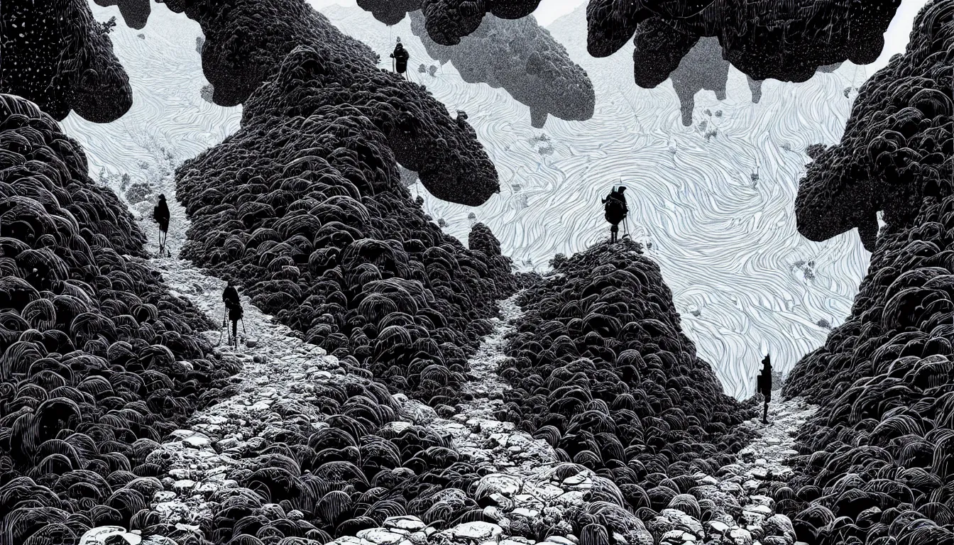 Image similar to mountain path hike by nicolas delort, moebius, victo ngai, josan gonzalez, kilian eng