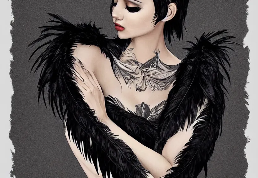 Image similar to beautiful girl with a short black haircut wearing a dress made of black feathers, artwork in artgerm art style, anatomically perfect