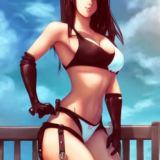 Image similar to beautiful tifa from final fantasy in a bikini, drawn by artgerm