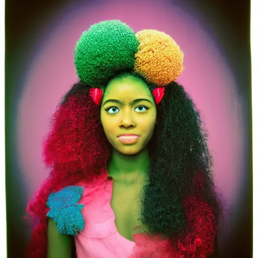 Prompt: head and shoulders portrait of an afrofuturism anime magical girl, color Graflex photograph