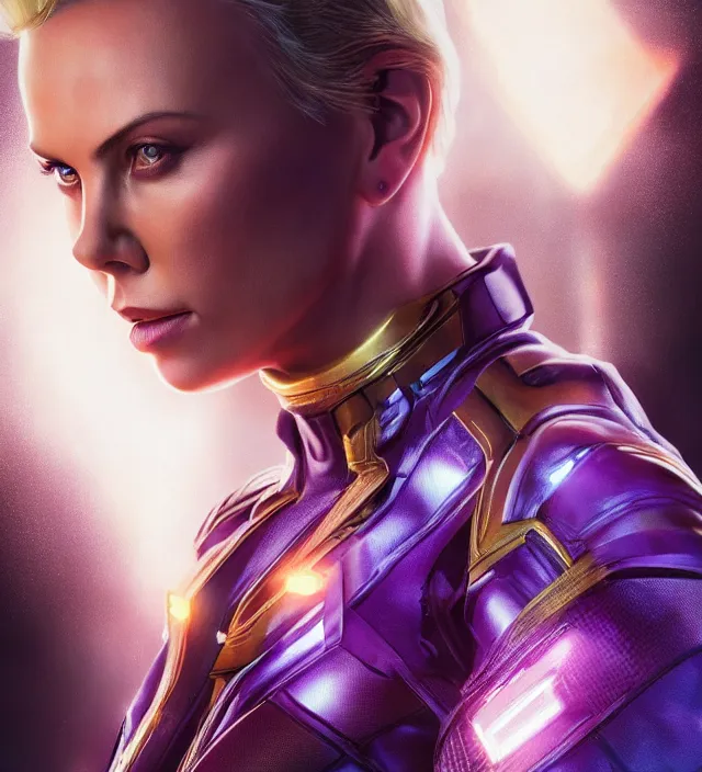 Image similar to portrait of (Charlize Theron), wearing The Infinity Gauntlet. intricate artwork. octane render, trending on artstation, very coherent symmetrical artwork. avengers. thanos. cinematic, hyper realism, high detail, octane render, 8k, iridescent accents