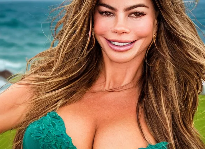 Prompt: close up portrait photograph of Sofia Vergara!!! sunbathed skin, symmetric face!!! with deep green ((Symmetric round eyes!!! )) . Wavy long hair. she looks directly at the camera. Slightly open mouth, face takes up half of the photo. an ocean visible in the background. 55mm nikon. Intricate.