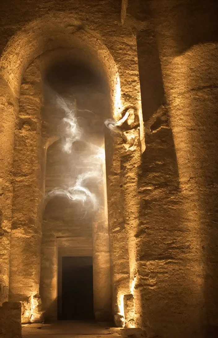 Prompt: punisher symbol is giant arching entrance into ancient egyptian temple with luminous smoke and light rays.