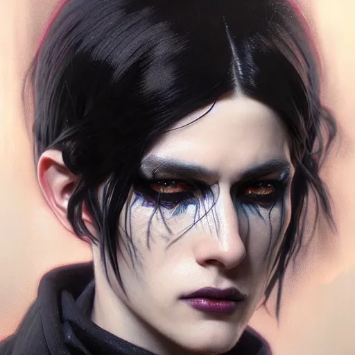 Image similar to portrait painting of an androgynous witch with shoulder length black hair pale skin and beautiful eyes wearing a punk clothes, ultra realistic, concept art, intricate details, eerie, highly detailed, photorealistic, octane render, 8 k, unreal engine. art by artgerm and greg rutkowski and magali villeneuve and alphonse mucha