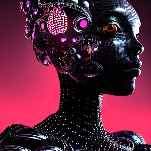 Prompt: portrait of an absurdly beautiful, graceful, sophisticated, fashionable black cyberpunk mechanoid gravure idol, hyperdetailed illustration by irakli nadar, adut akech, matt wisniewski style, intricate linework, dark black skin, jellyfish headdress, crystal ruff, unreal engine 5 highly rendered, global illumination, red light, detailed and intricate environment