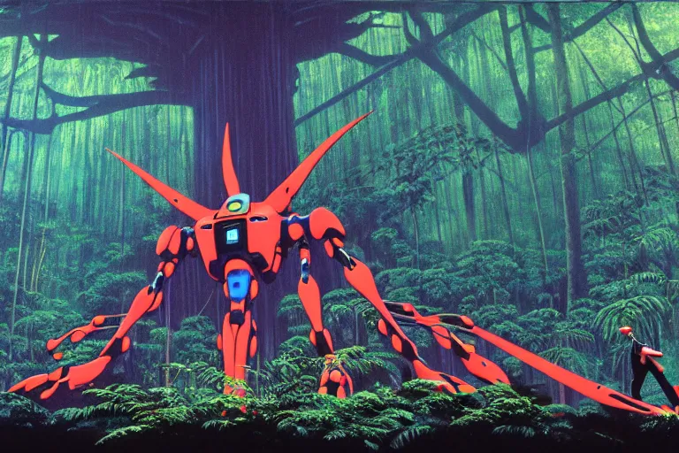 Prompt: one gigantic massive evangelion bot is resting close to a giant tree in tropical rainforest, ray lights showing from deep forest darkness, a lot of exotic vegetation, trees, flowers, dull colors. by moebius, ikuto yamashita, craig mullin, greg rutkowski, ghibli, and rodney matthew, hyperrealism, intricate detailed, risograph