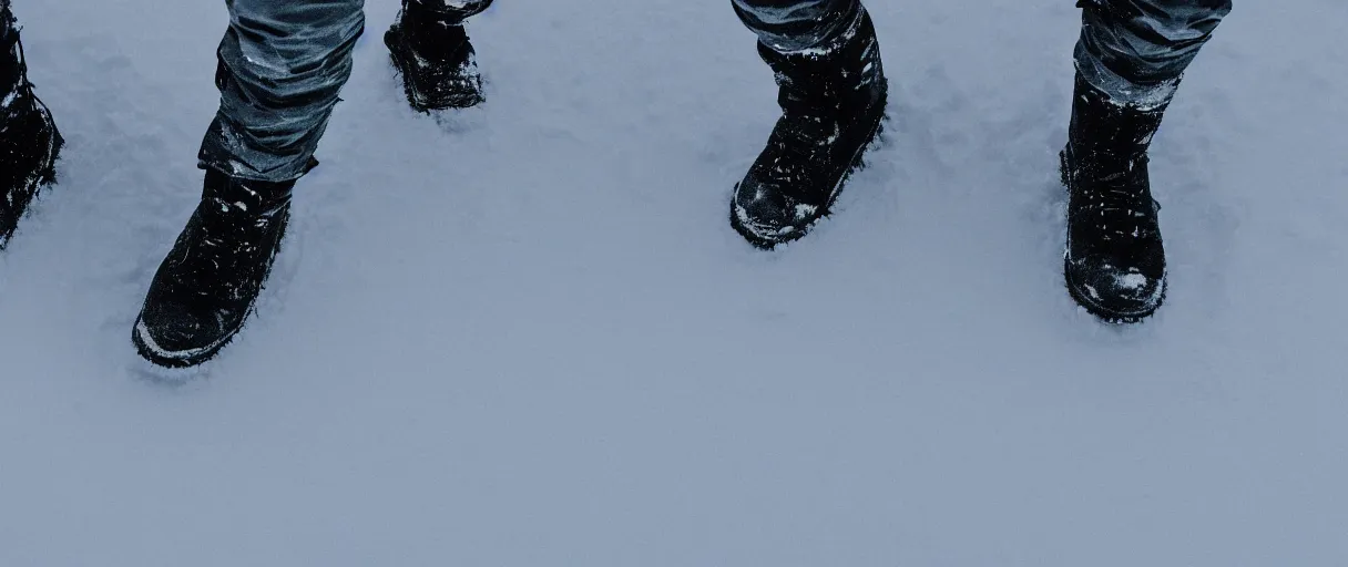 Prompt: top view extreme closeup movie like 3 5 mm film photograph of the silhouette of a man from the knees down wearing heavy boots walking through the antarctic snow during a heavy blizzard