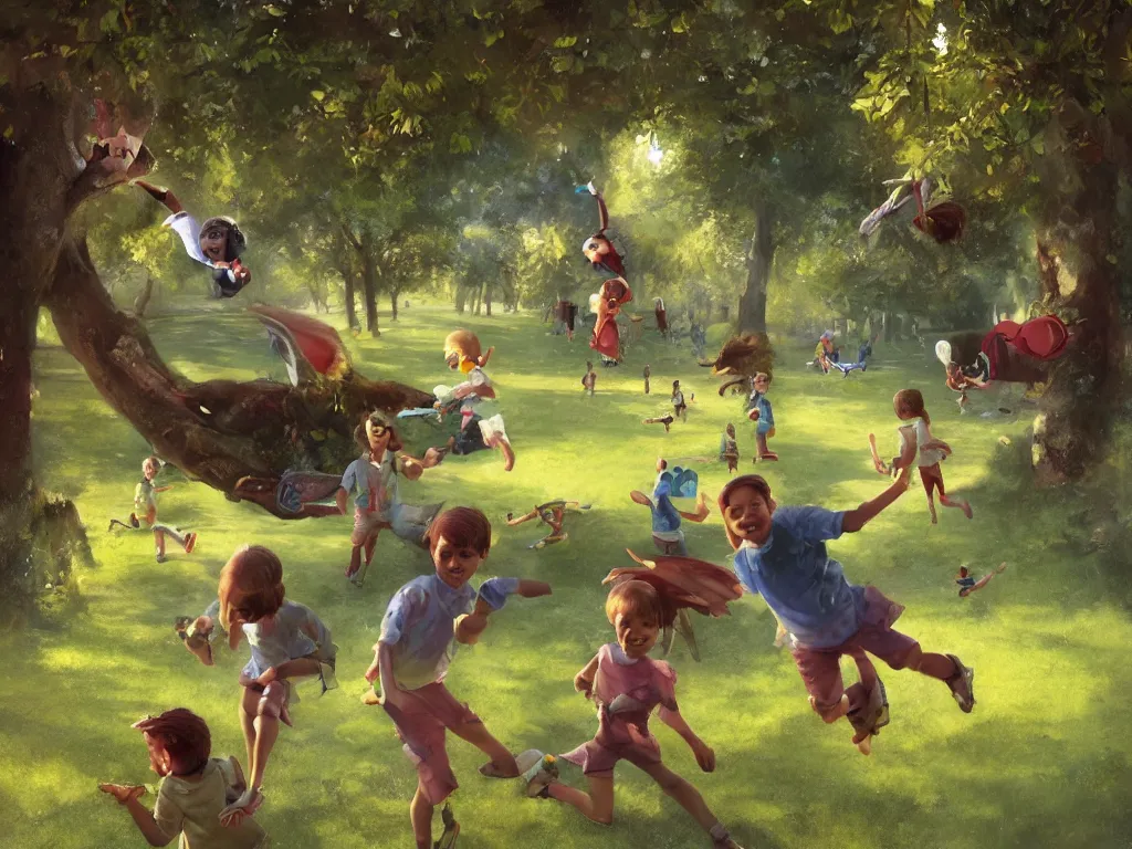 Image similar to happy children fly through a public park, by alejandro burdisio and bob bylerley and greg rutkowski