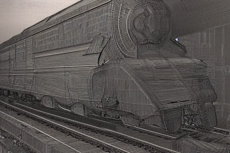 Prompt: intricate, 3 d, art deco, freight train, style by caspar david friedrich and wayne barlowe and ted nasmith.